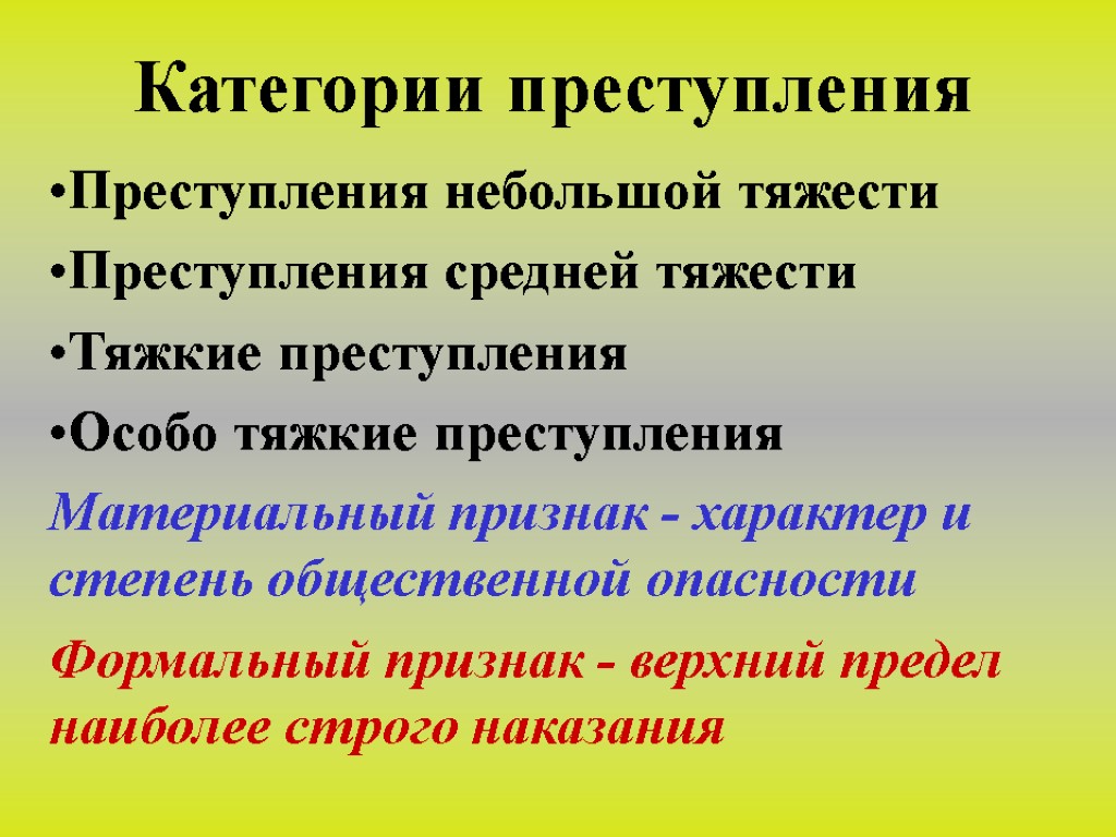 Категории преступления Преступления небольшой тяжести Преступления средней тяжести Тяжкие преступления Особо тяжкие преступления Материальный